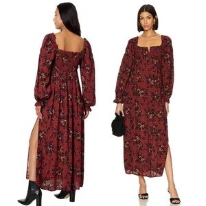 Free People Burgundy Floral Long Sleeve Dress